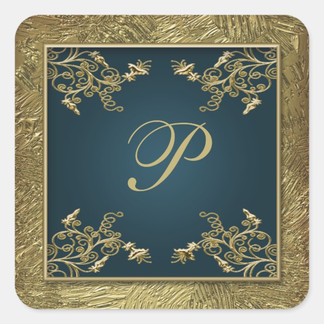 Teal and Gold Floral Monogram Wedding Sticker 2 (Front)