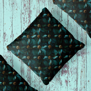 Teal and Gold Floral Pattern Throw Pillow