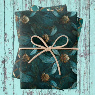 Teal and Gold Floral Pattern Wrapping Paper Sheets