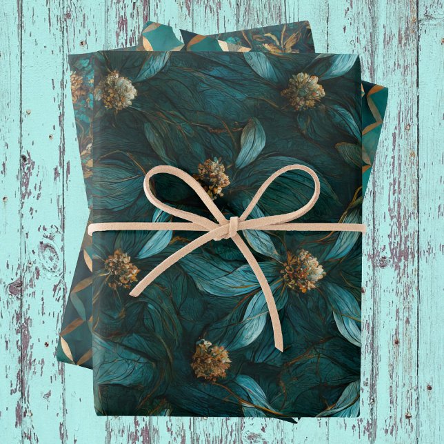 Teal and Gold Floral Pattern  Wrapping Paper Sheets (Creator Uploaded)