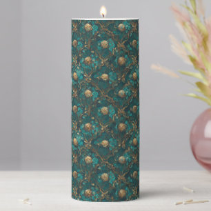 Teal and Gold Floral Pillar Candle