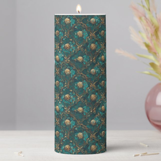 Teal and Gold Floral Pillar Candle (In Situ)