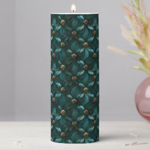 Teal and Gold Floral Pillar Candle