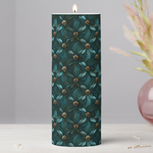 Teal and Gold Floral Pillar Candle (In Situ)