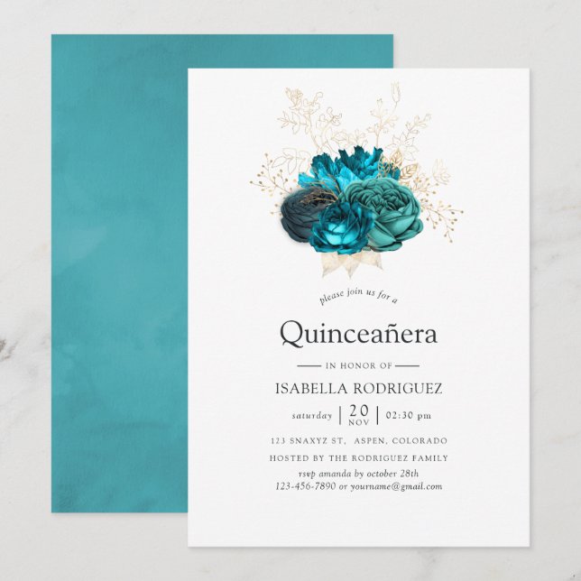 Teal and Gold Floral Quinceañera Invitation (Front/Back)