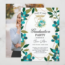 Teal and Gold Floral RN Graduation Invitation | Nu