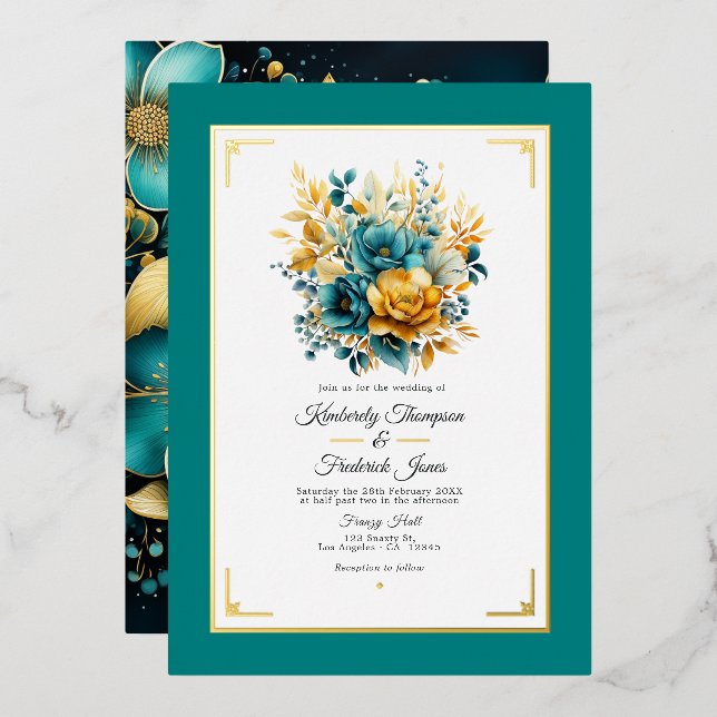 Teal and Gold Floral Wedding Foil Invitation (Front/Back)