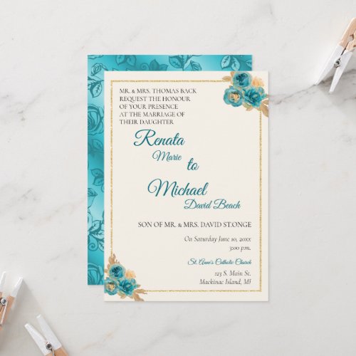 Teal and Gold  Floral Wedding Invitation