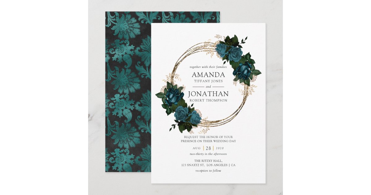 Teal and Gold Floral Wedding Invitation Zazzle