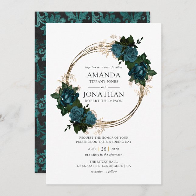 Teal and Gold Floral Wedding Invitation (Front/Back)