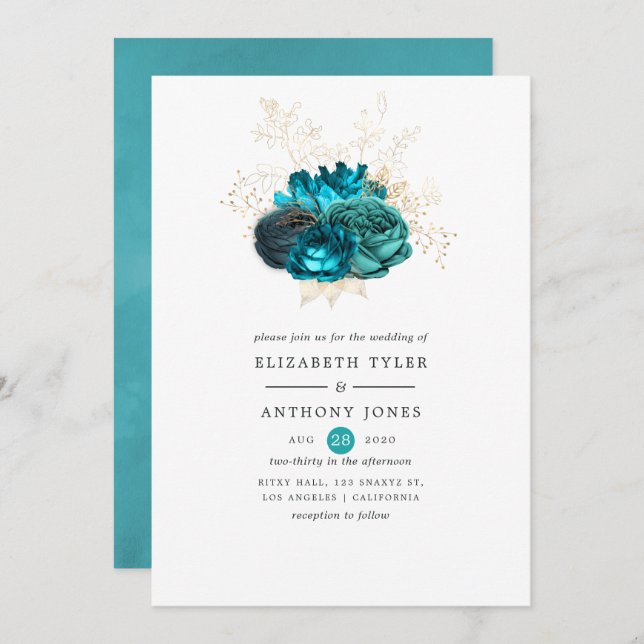 Teal and Gold Floral Wedding Invitation (Front/Back)