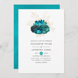 Teal and Gold Floral Wedding Invitation
