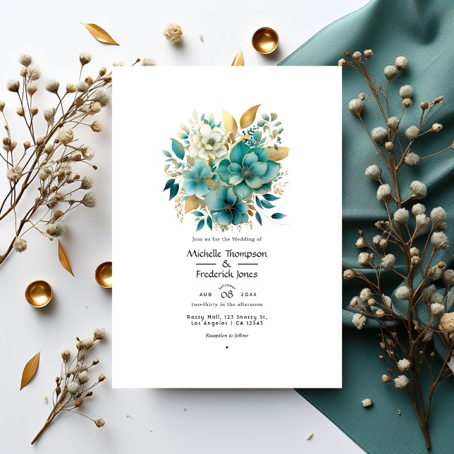 Teal and Gold Floral Wedding Invitation (Creator Uploaded)