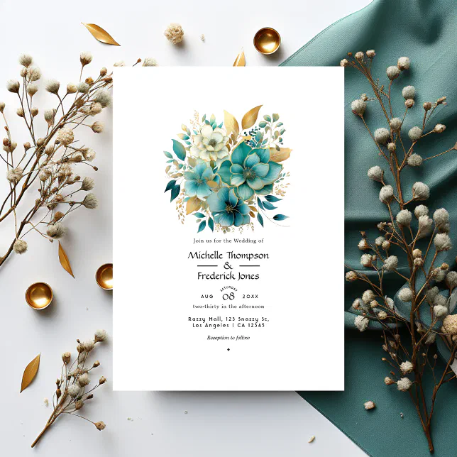 Teal and Gold Floral Wedding Invitation | Zazzle