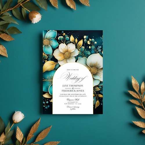 Teal and Gold Floral Wedding Invitation