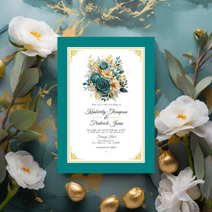 Teal and Gold Floral Wedding Invitation