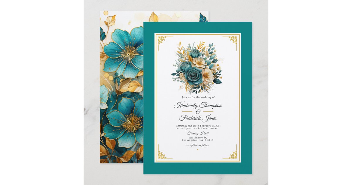 Teal and Gold Floral Wedding Invitation | Zazzle