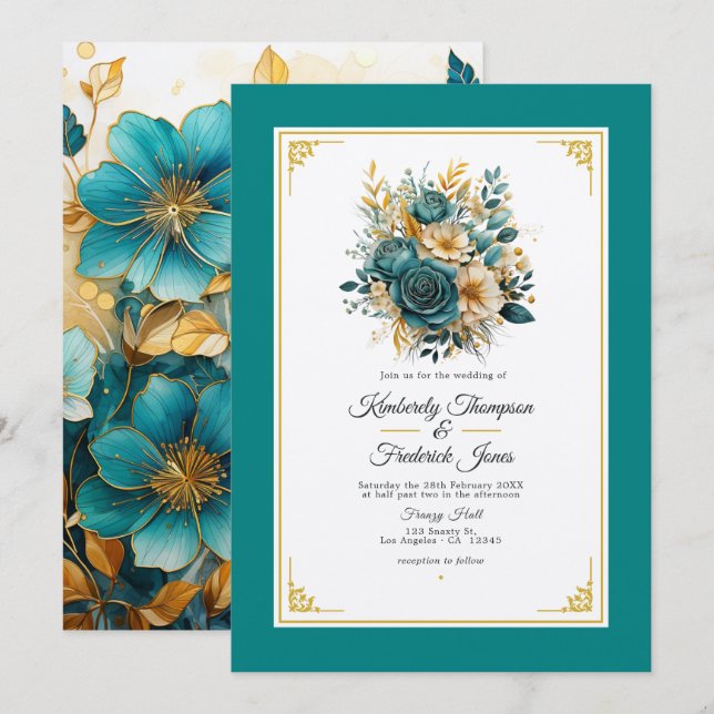Teal and Gold Floral Wedding Invitation (Front/Back)
