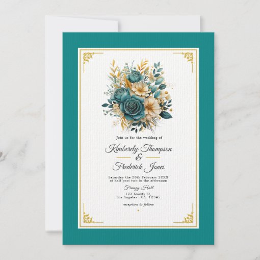 Teal and Gold Floral Wedding Invitation | Zazzle