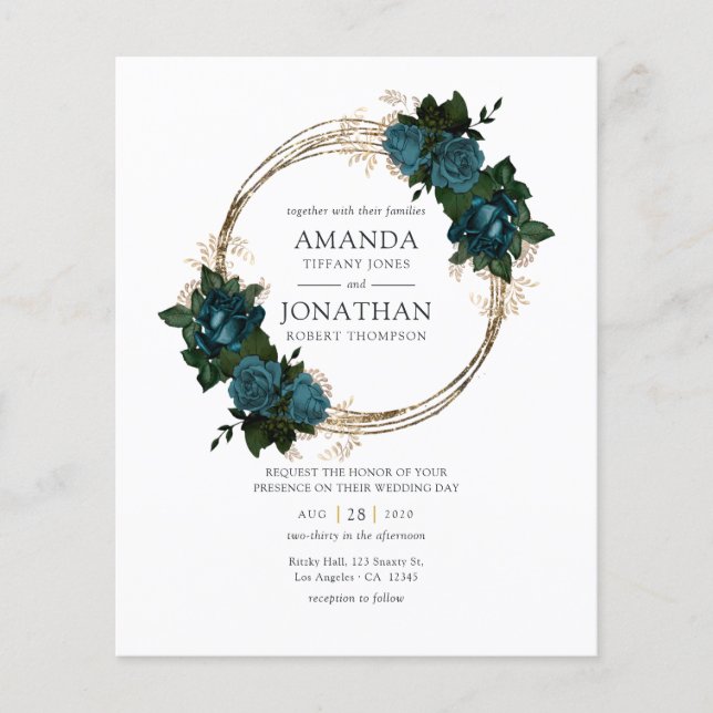 Teal and Gold Floral Wedding Invitation Flyer (Front)