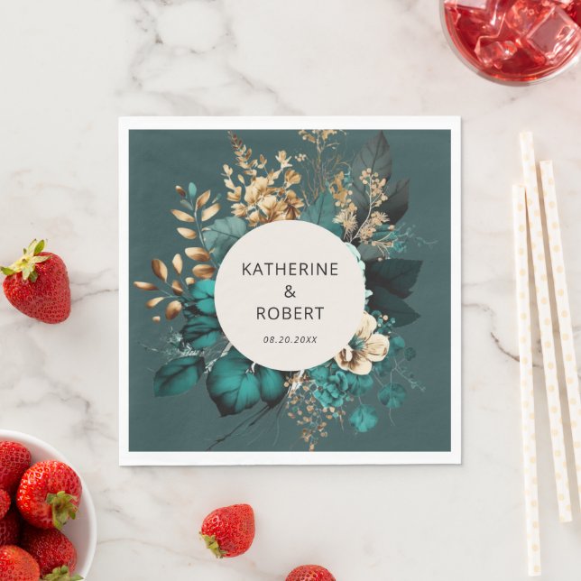 Teal and Gold Floral Wedding Paper Napkins (Insitu)