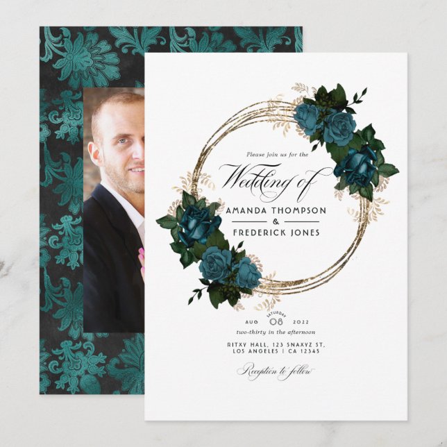 Teal and Gold Floral Wedding Photo Invitation (Front/Back)