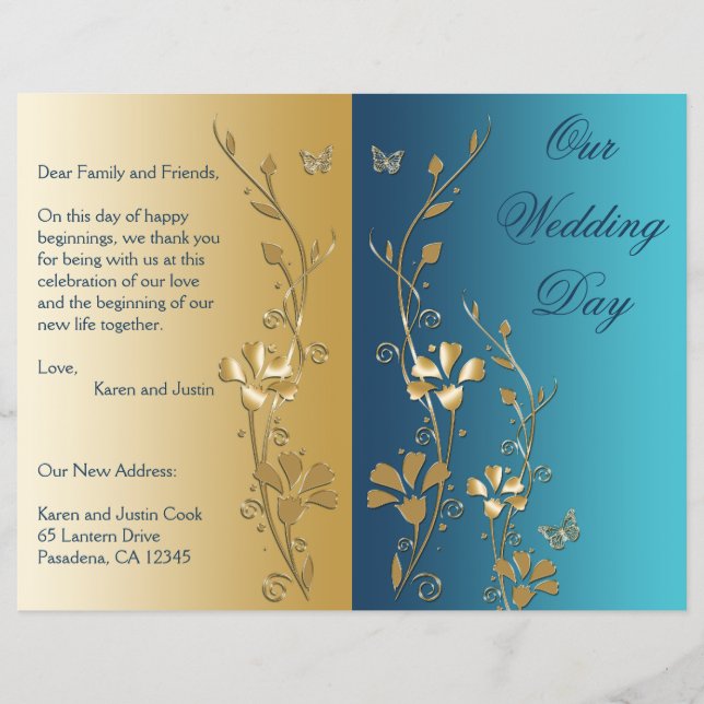 Teal and Gold Floral Wedding Program (Front)