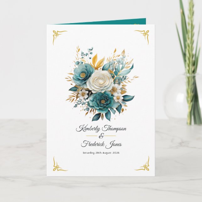 Teal and Gold Floral Wedding Program (Front)