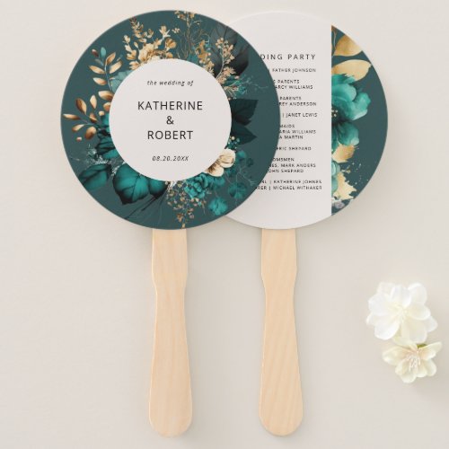 Teal and Gold Floral Wedding Program Hand Fan