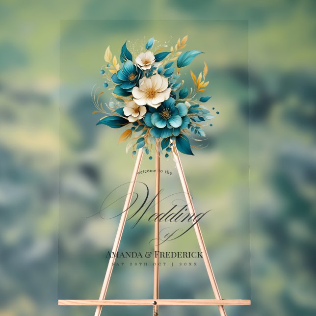 Teal and Gold Floral Wedding Welcome Acrylic Sign (Neutral)