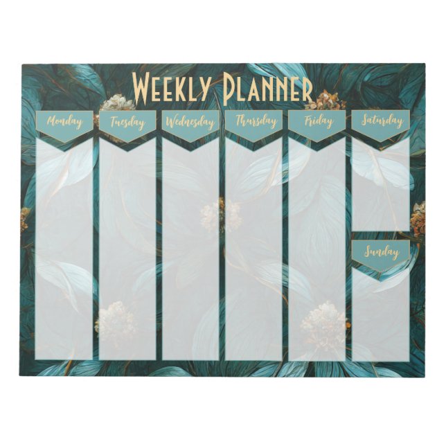 Teal and Gold Floral Weekly Planner Notepad (Front)