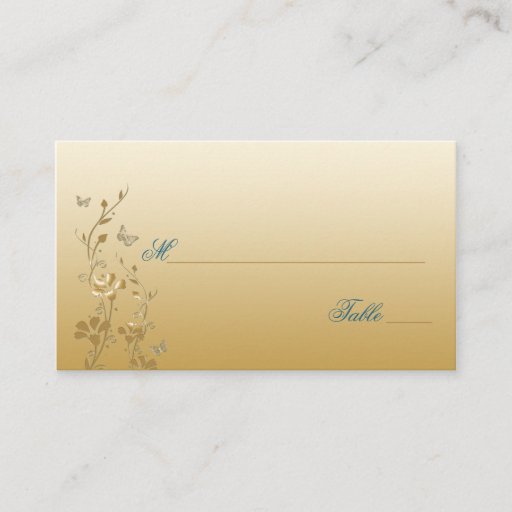 Customizable Teal and Gold Floral with Butterflies Placecards Business Card Template