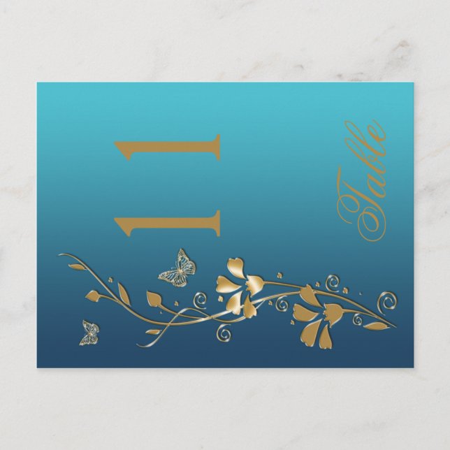 Teal and Gold Floral with Butterflies Table Number (Front)