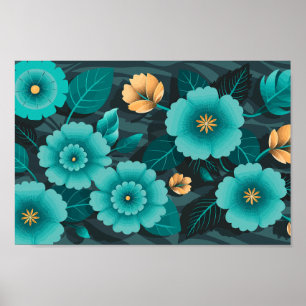 Teal and Gold Floral with Dark green Leaves Poster