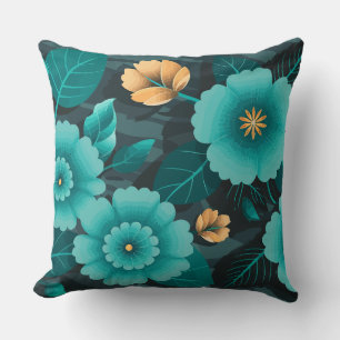 Teal and Gold Floral with Dark green Leaves Throw Pillow