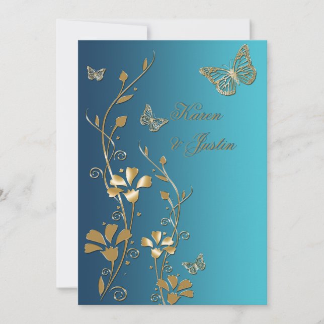 Teal and Gold Flowers and Butterflies Invitation (Front)