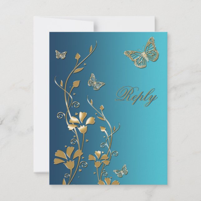 Teal and Gold Flowers and Butterflies Reply Card (Front)