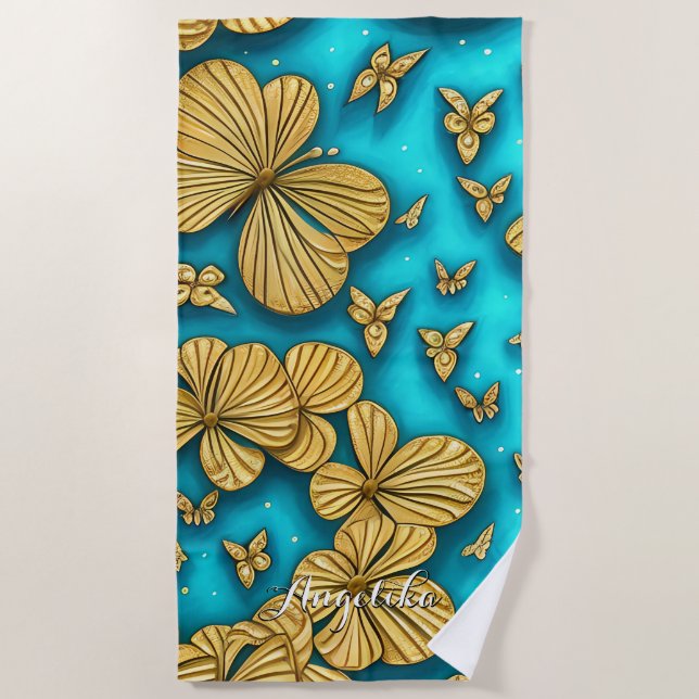 Teal and Gold Flowers Personalized Name Beach Towel (Front)