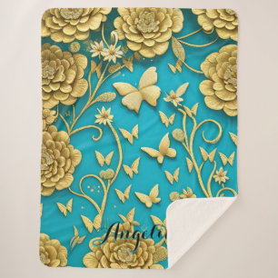 Teal and Gold Flowers Personalized Name Sherpa Blanket