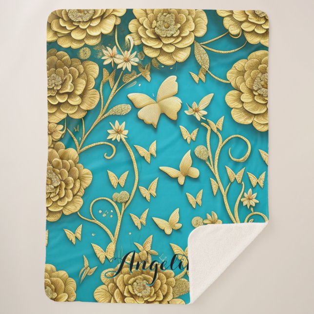 Teal and Gold Flowers Personalized Name Sherpa Blanket (Front)