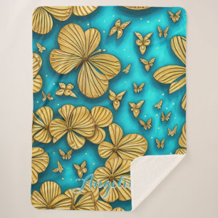 Teal and Gold Flowers Personalized Name Sherpa Blanket