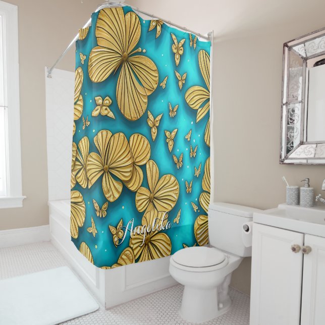 Teal and Gold Flowers Personalized Name Shower Curtain (In Situ)