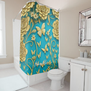 Teal and Gold Flowers Personalized Name Shower Curtain