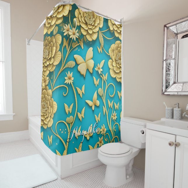 Teal and Gold Flowers Personalized Name Shower Curtain (In Situ)