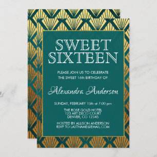 Teal and Gold Foil Art Deco Sweet Sixteen Invitation