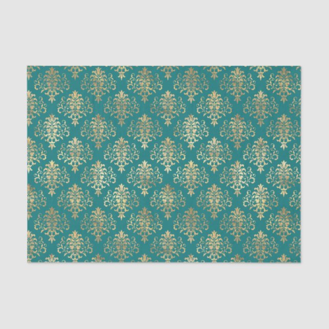 Teal and Gold Foil Damask Pattern Tissue Paper (Front)