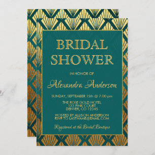 Teal and Gold Foil Elegant Art Deco Bridal Shower Invitation