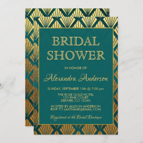 Teal and Gold Foil Elegant Art Deco Bridal Shower Invitation