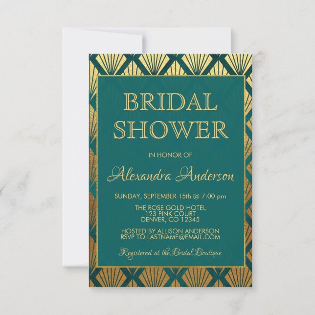 Teal and Gold Foil Elegant Art Deco Bridal Shower Invitation (Front)