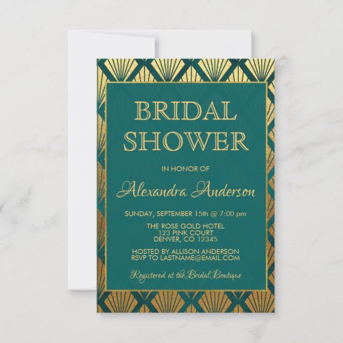 Teal and Gold Foil Elegant Art Deco Bridal Shower Invitation